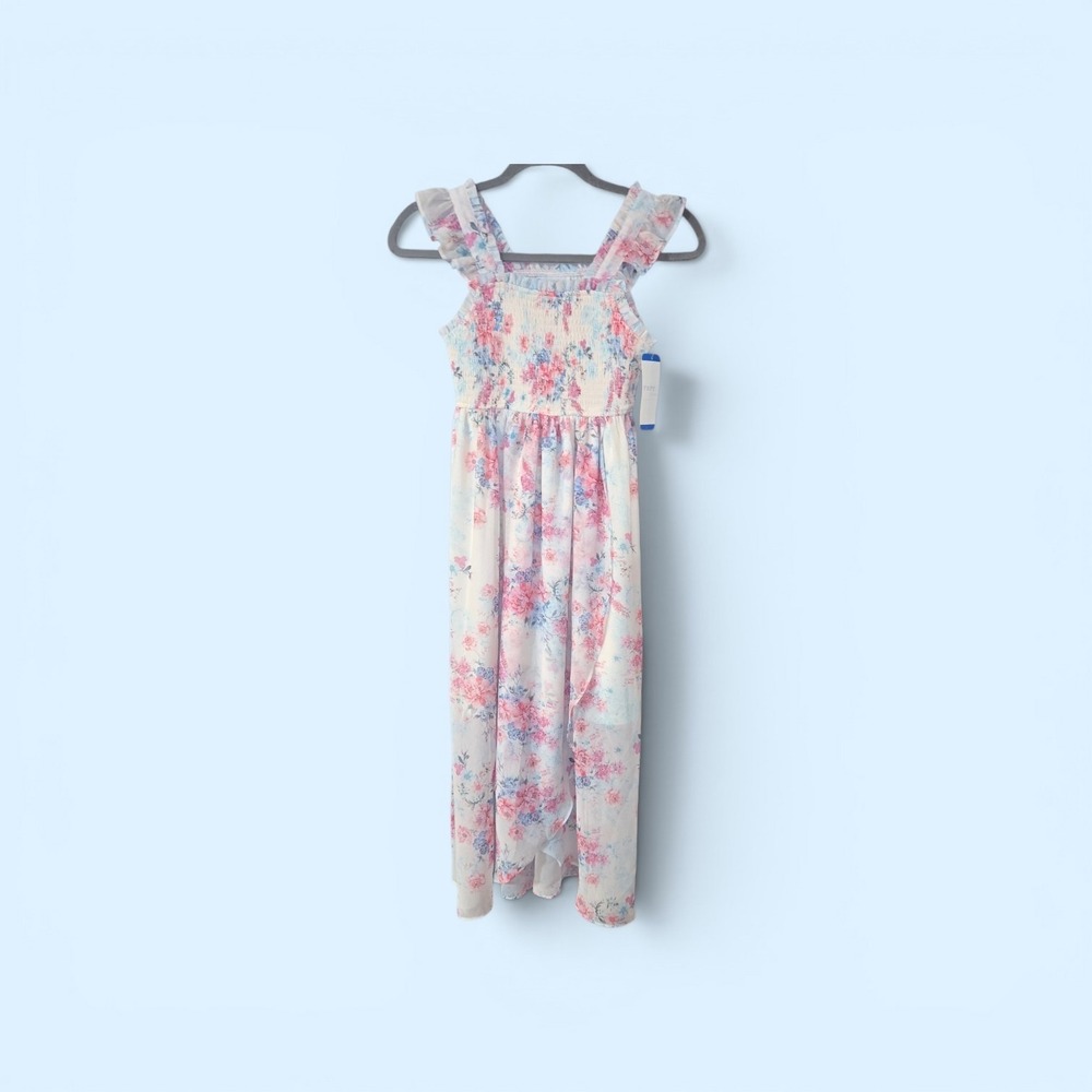 NWT Rare Editions Girls White Floral Smocked Maxi Dress High Low Ruffle Size L